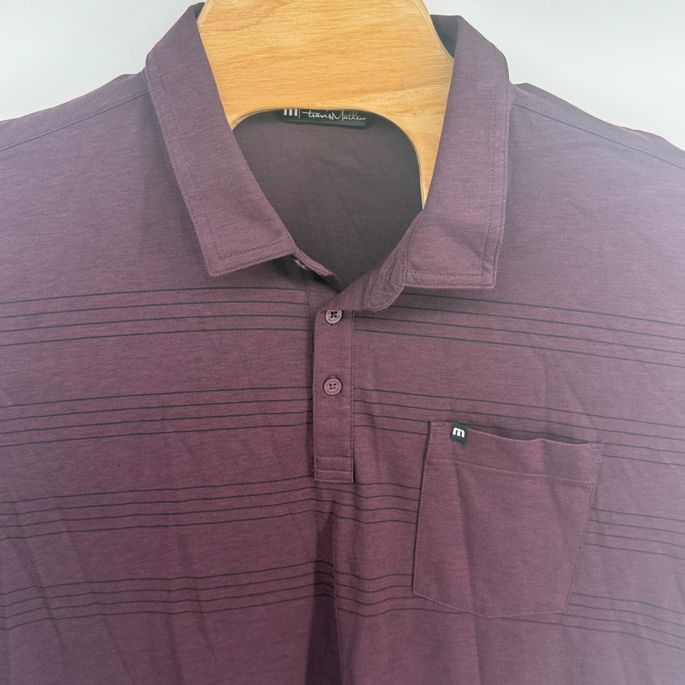 TravisMathew Mens XXL‎ Polo Shirt Maroon Striped Short Sleeve Pocket Golf Pique